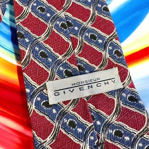 Givenchy Monsieur Vintage Men’s Red & Blue Wavy Patterned All Silk Neck Tie - Picture 2 of 6